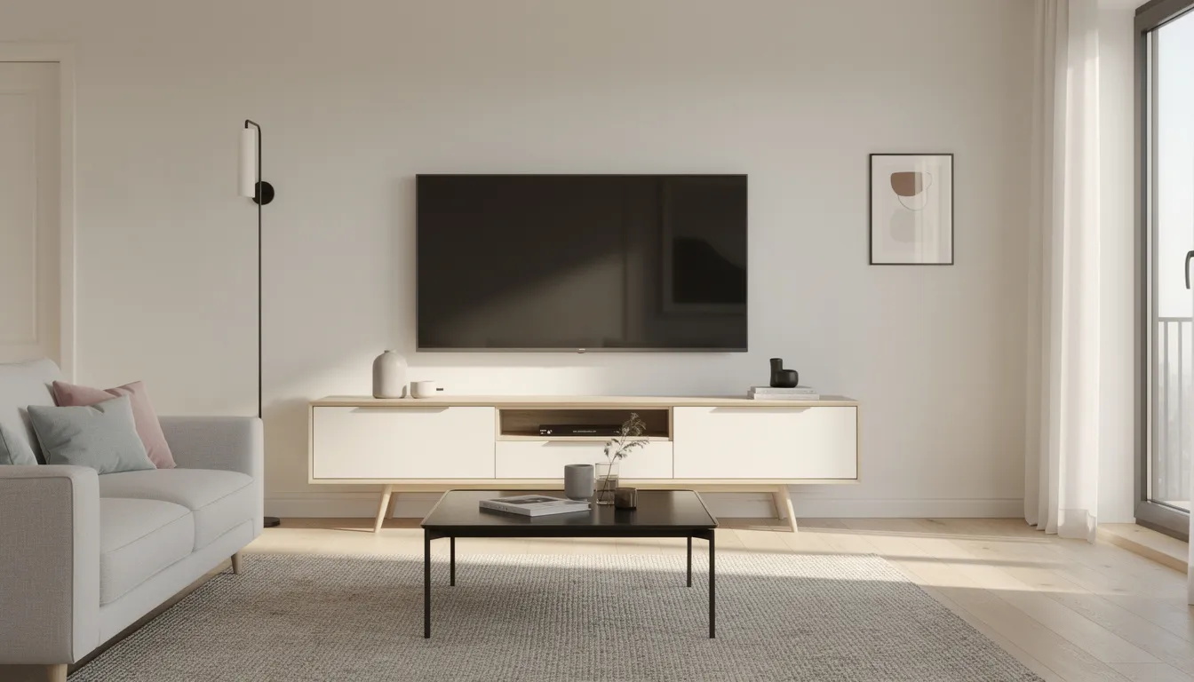 Een modern interieur met een strak tv meubel van massief hout tegen een lichte wand, in Scandinavische stijl. Het meubel bevat lades en planken voor opbergruimte en is ideaal voor een stijlvolle woonkamer.