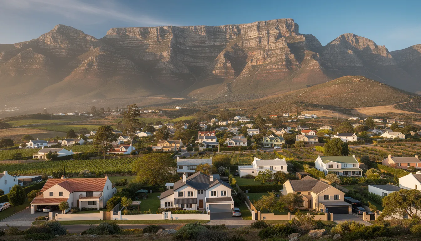 The image depicts a picturesque valley town in the Western Cape, featuring charming residential properties nestled against a stunning mountain backdrop. This serene landscape is ideal for families and visitors seeking efficient services like DSTV installation, enhancing their entertainment experience with satellite television in their own homes.