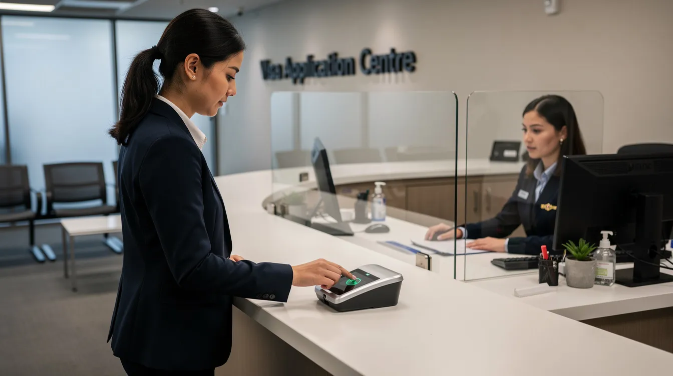 A person is standing at a visa application centre counter, providing their fingerprints as part of the UK visitor visa application process. The scene highlights the formal setting where individuals complete necessary steps to apply for a valid visit visa to travel to the UK.