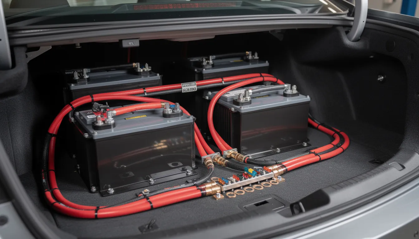 The image shows an upgraded car audio electrical system installation in a vehicle trunk, featuring multiple batteries, including AGM types, and intricate wiring designed to enhance power for different applications. The setup demonstrates advanced electric capabilities, providing more power and quality for car audio enthusiasts.