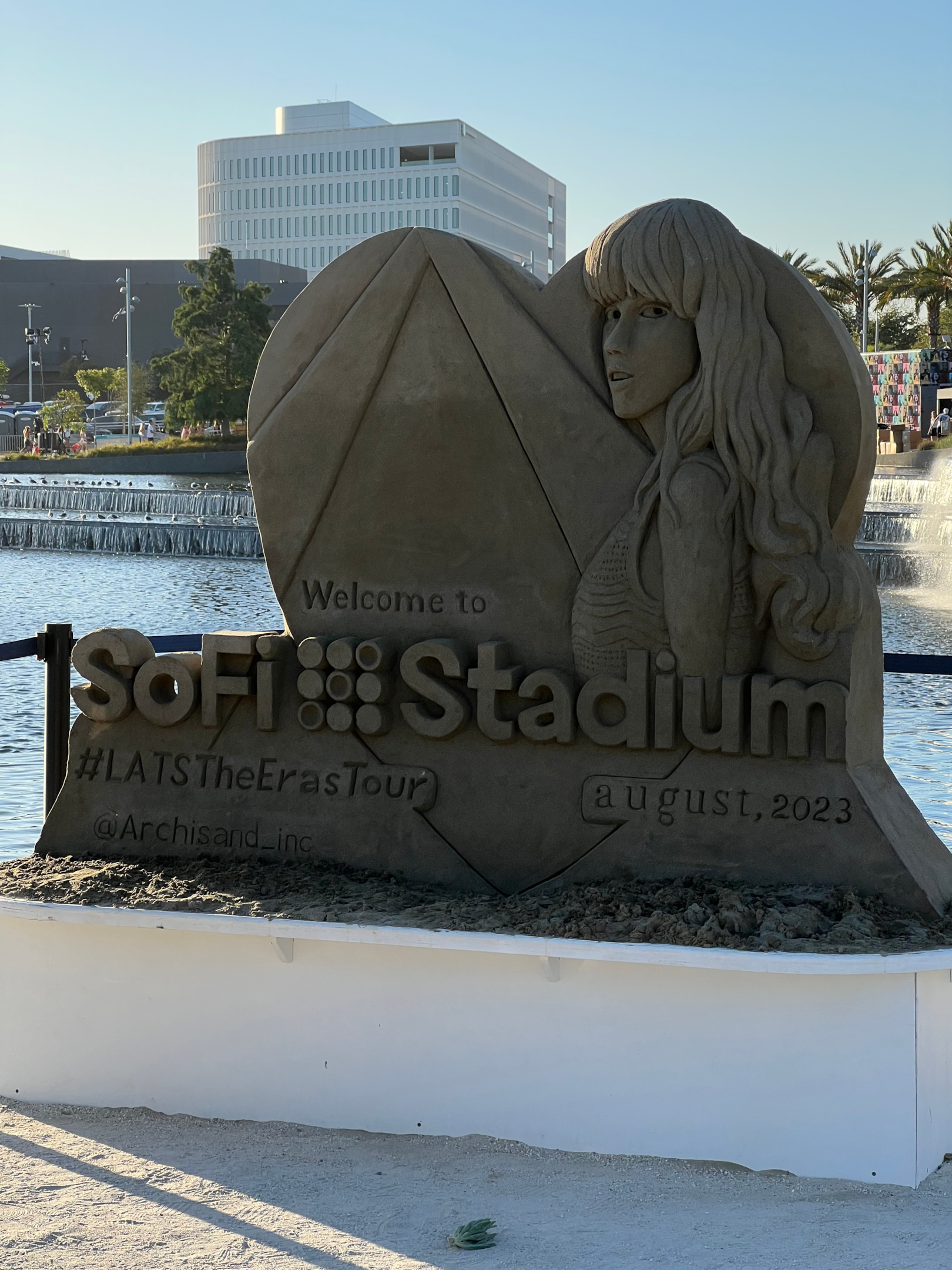 An Eras Tour promotional sandcastle in California.