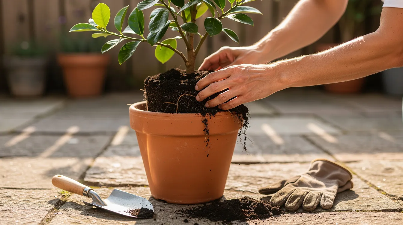 A pair of hands is carefully planting a small Meyer lemon tree into a large container on a sunny patio, surrounded by potting soil and ensuring good drainage for the citrus tree's roots. The scene captures the essence of home gardening as the tree is positioned to thrive in direct sunlight.
