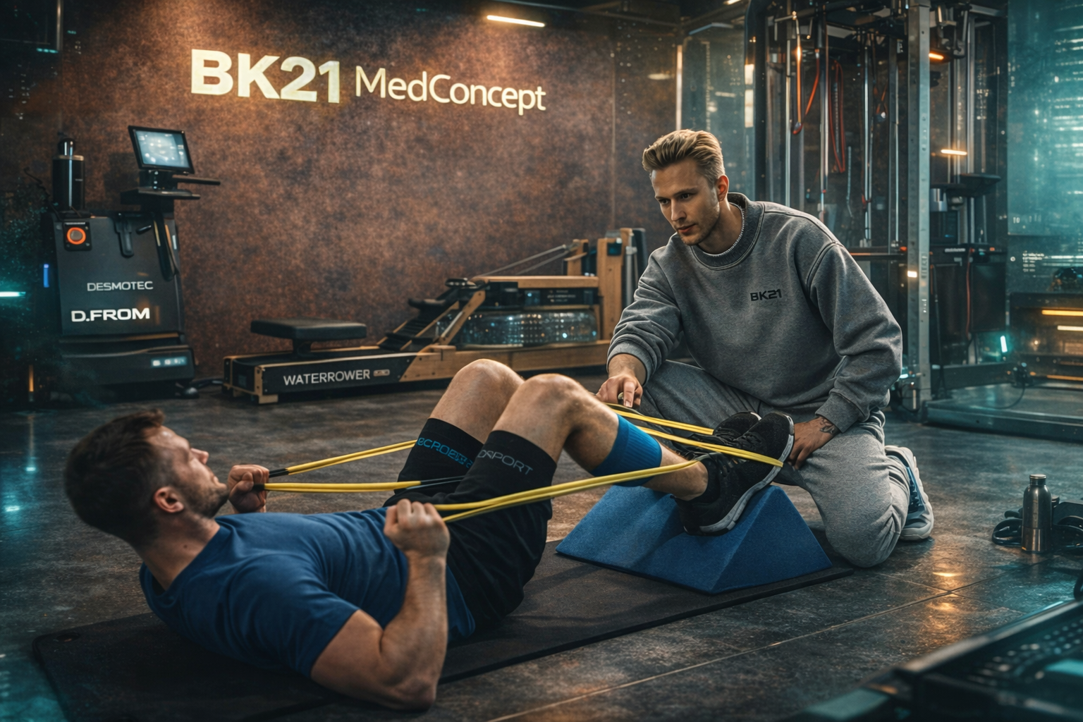 Nowoczesny gabinet fizjoterapii, w którym pacjent wykonuje ćwiczenia rehabilitacyjne pod okiem fizjoterapeuty. W tle widać sprzęt do rehabilitacji, co wskazuje na profesjonalne podejście do leczenia urazów i dolegliwości narządu ruchu.