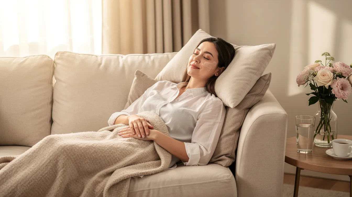 A woman is resting comfortably on a couch with her head elevated on pillows, displaying signs of mild swelling and redness after an endolift treatment. She appears relaxed as she supports her healing process, likely following proper aftercare instructions for optimal recovery time.