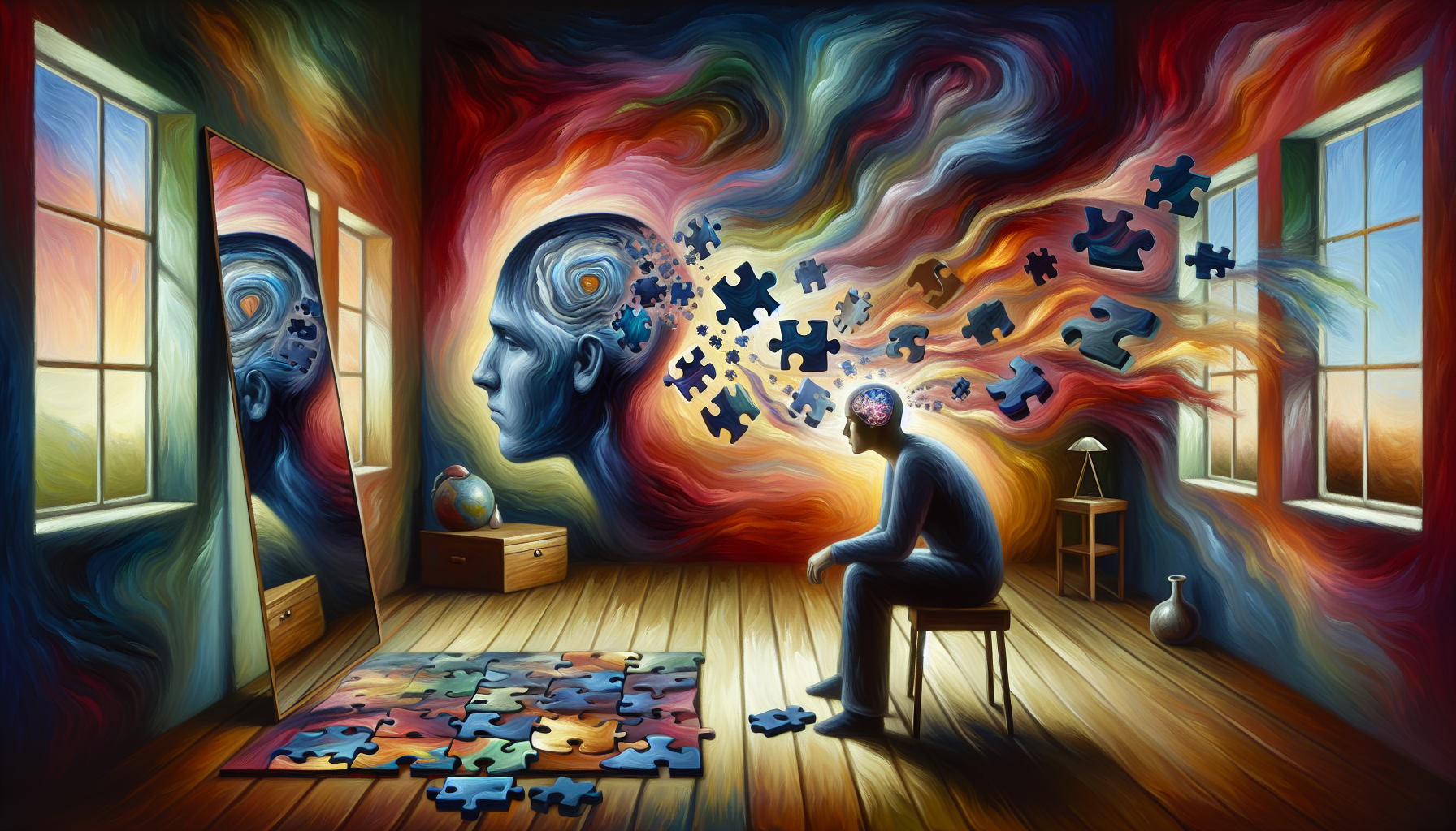 Artistic depiction of a person coping with cognitive and emotional changes after a traumatic brain injury