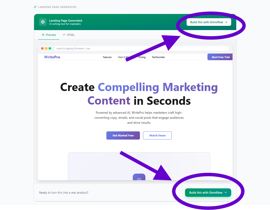 Image showing where to find the option to build landing page with Omniflow. 