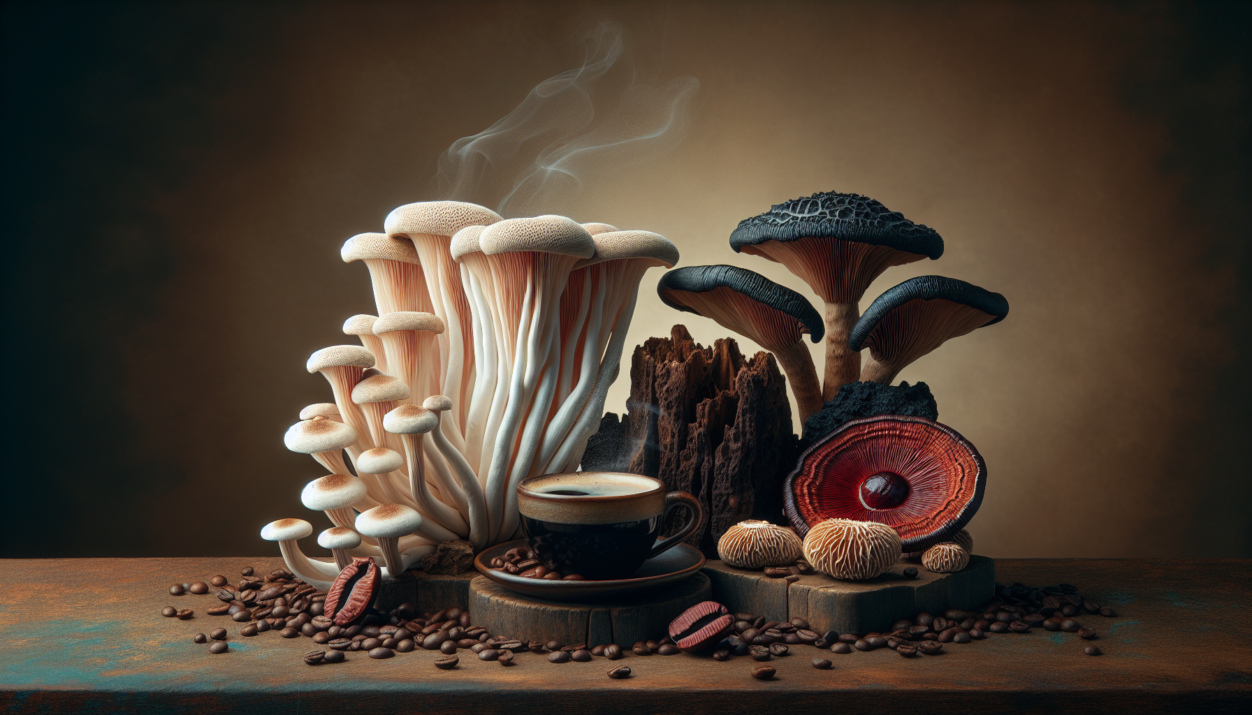 Variety of medicinal mushrooms including lion's mane, chaga, and reishi