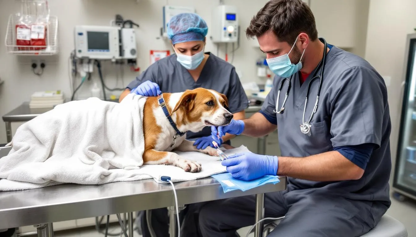 A veterinary team is seen preparing a blood transfusion for a dog suffering from severe anemia, likely due to conditions such as immune mediated hemolytic anemia or blood loss anemia. The team is focused on ensuring the dog