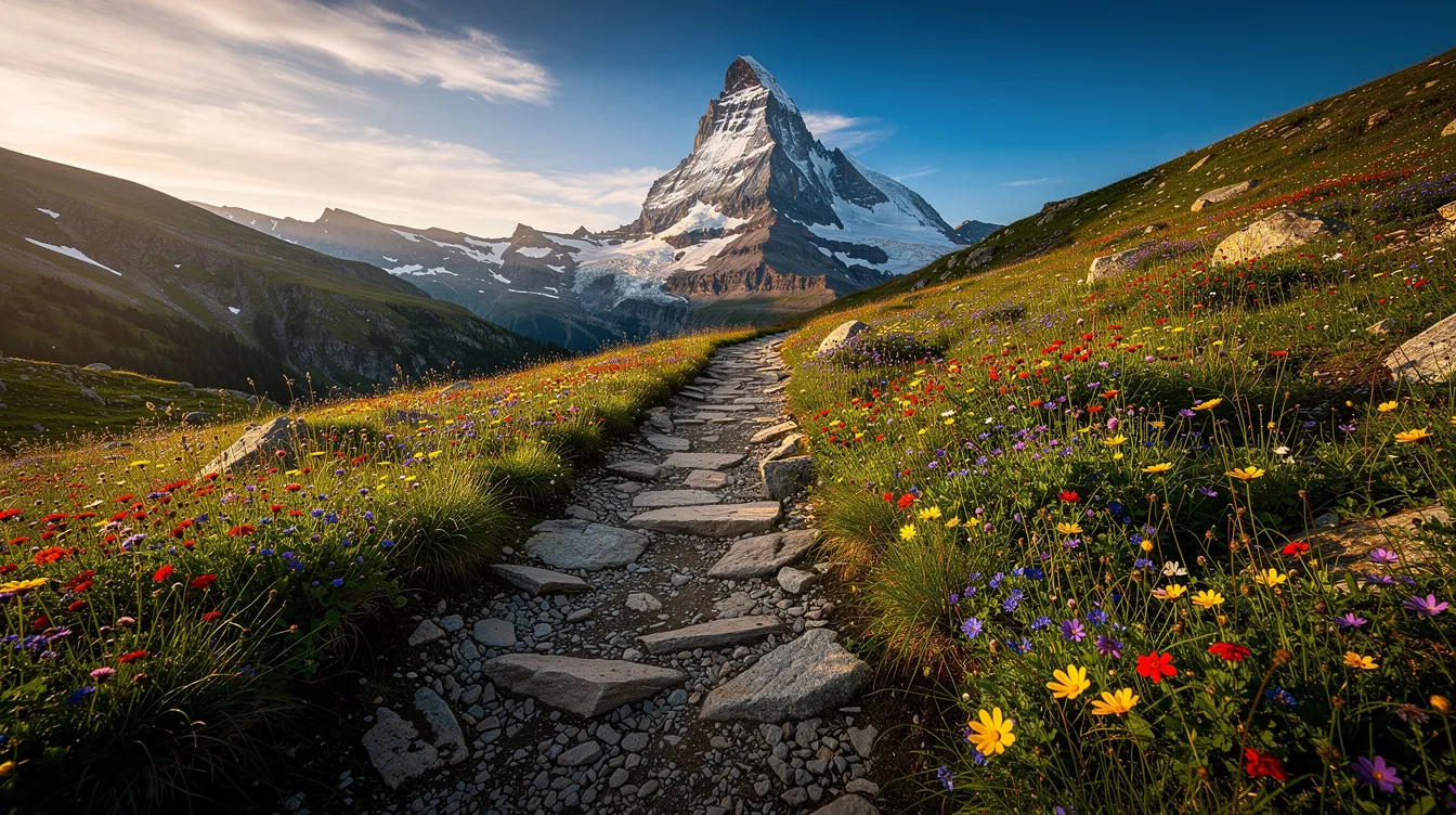 The image depicts a rocky mountain trail adorned with vibrant wildflowers on either side, leading towards a distant snow-capped peak, showcasing the breathtaking beauty of the High Atlas Mountains in Morocco. This scene invites outdoor adventures and exploration, perfect for those planning a trip to experience the rich history and stunning landscapes of the region.