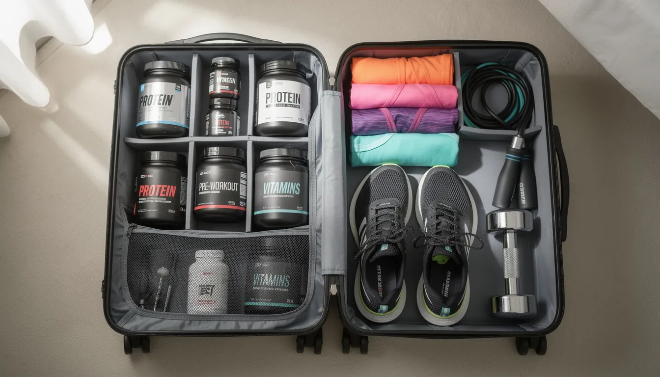 An open suitcase reveals neatly organized workout supplements, including containers of protein powder and creatine, along with fitness gear. This setup is ideal for travelers looking to pack creatine and other dietary supplements while adhering to TSA regulations for carry-on luggage.
