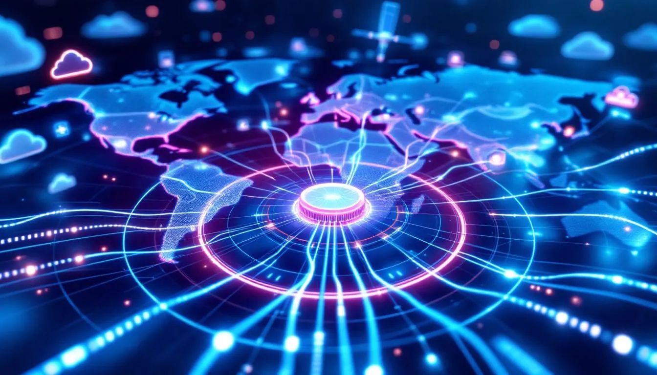 The image depicts a global network infrastructure showcasing interconnected cloud services spanning various continents, illustrating the secure access service edge (SASE) framework. It emphasizes zero trust network access principles, highlighting the seamless and secure connectivity necessary for protecting sensitive data across diverse geographical locations.