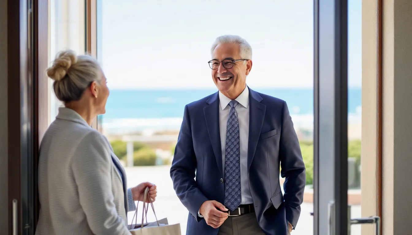 A happy client is leaving the hospital with a scenic view of Long Beach, California in the background, as a 60-year-old male Asian attorney arrives to pick them up. This moment signifies the support of personal injury lawyers who help accident victims navigate their claims for financial compensation after serious injuries.