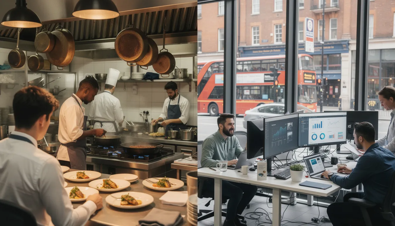 The image depicts a vibrant scene showcasing diverse UK business environments, featuring a busy restaurant kitchen bustling with chefs preparing meals, alongside a modern online business workspace equipped for processing credit card payments and managing transactions. The juxtaposition highlights the dynamic nature of commerce, where both in-person and digital transactions play a crucial role in customer satisfaction and business operations.