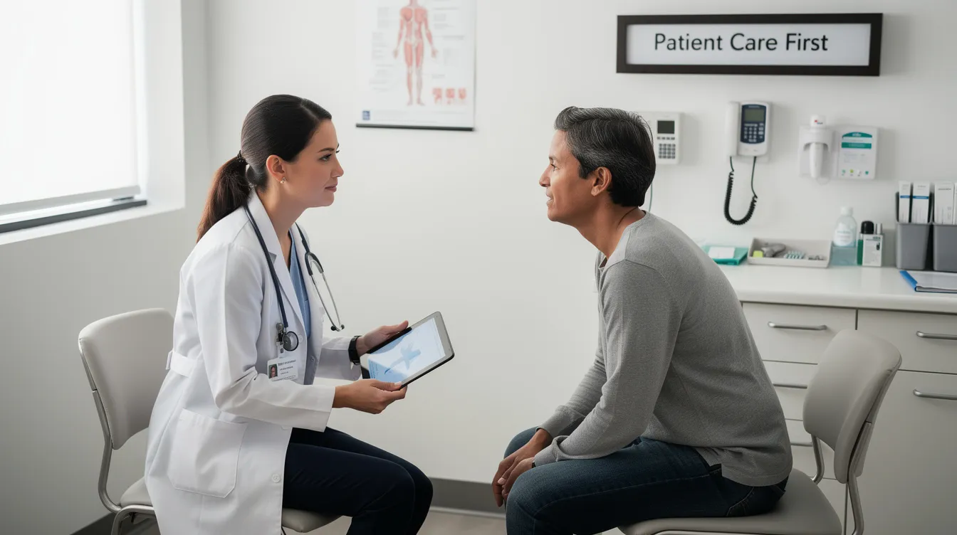 A healthcare provider is consulting with a patient in a clinical setting, discussing issues related to sleep quality and potential sleep disorders. The conversation may touch upon the gut microbiome&rsquo;s role in sleep regulation and how improvements in gut health could enhance sleep patterns and overall well-being.