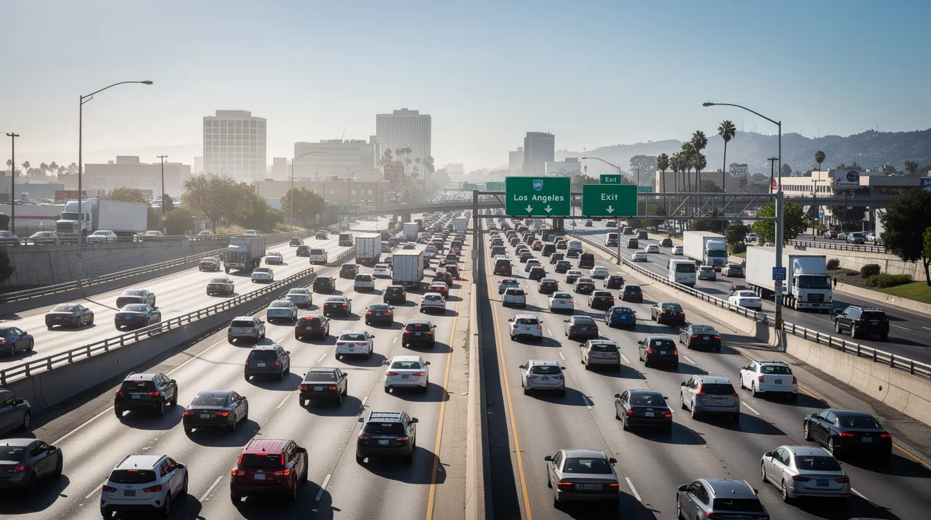 The image depicts a busy California freeway, filled with multiple lanes of vehicles in motion, illustrating the potential for car accidents. In such scenarios, it is essential for drivers to understand the importance of exchanging insurance information and contacting police authorities to document the accident scene for future reference.