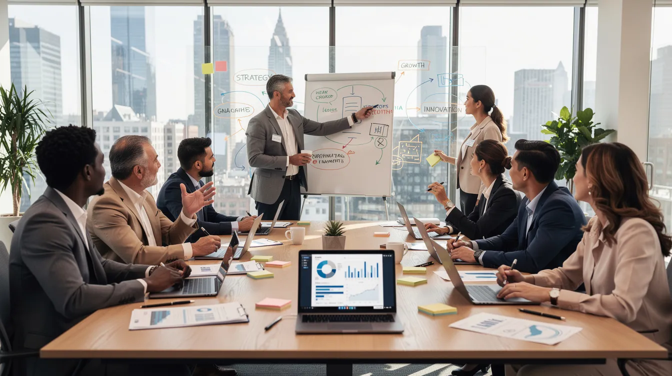 The image depicts a diverse group of professionals collaborating around a large table, equipped with laptops and documents, as they brainstorm strategies for optimizing content and enhancing brand visibility. Their teamwork reflects a focus on generating clear answers and leveraging AI tools to improve search engine results and user intent.