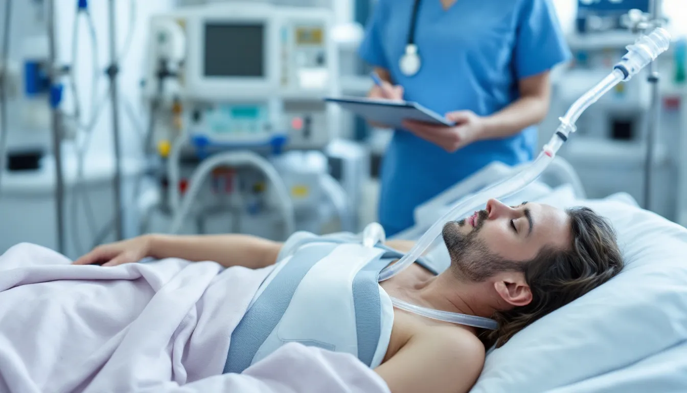 In the hospital recovery room, a patient is resting after shoulder arthroscopy surgery, surrounded by medical equipment and a nurse monitoring their condition. The patient is likely experiencing shoulder pain and is being prepared for a smooth recovery with pain medication and guidance from the surgical team.