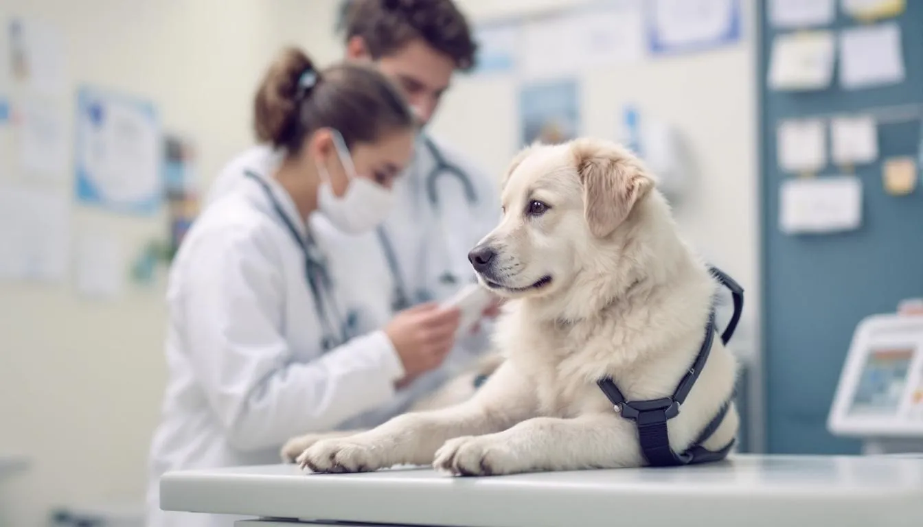 Na zdjęciu widoczny jest pies u weterynarza, który jest poddawany badaniu. Weterynarz dokładnie sprawdza zdrowie czworonoga, co jest istotne dla jego diety i ogólnego dobrego samopoczucia.