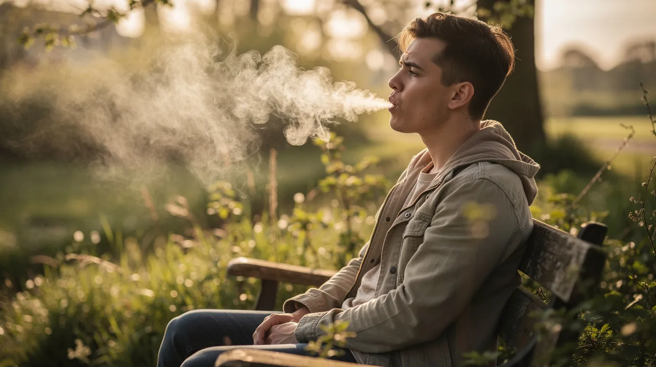 Eine Person sitzt im Freien in der Natur und atmet Dampf aus, während sie einen Venty Vaporizer von Storz und Bickel benutzt. Die Szenerie vermittelt ein Gefühl von Entspannung und Genuss in der Natur.