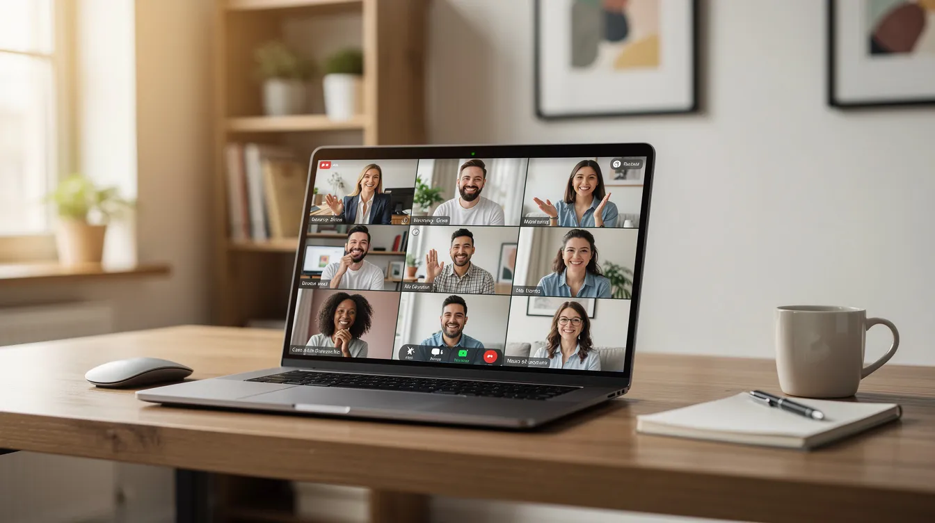 L'image montre un écran d'ordinateur portable affichant une réunion d'équipe virtuelle, avec plusieurs participants souriants. En arrière-plan, on peut apercevoir un bureau à domicile, illustrant ainsi le télétravail et la vie professionnelle à la maison.