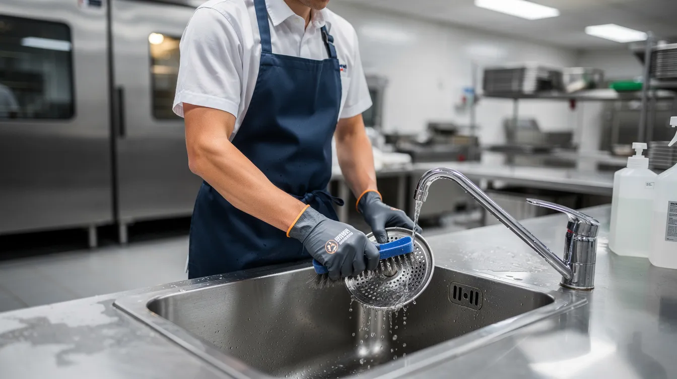 A commercial kitchen worker is seen cleaning a sink strainer near stainless steel equipment, ensuring that wastewater flows properly and preventing drainage problems. The worker's actions are crucial in maintaining the hygiene and efficiency of the kitchen's plumbing system.
