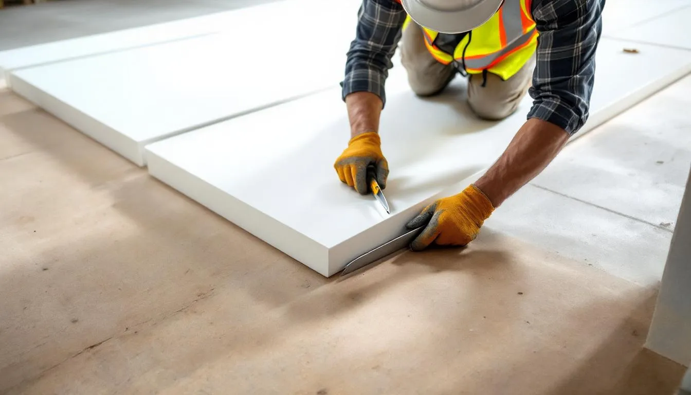 Na zdjęciu widoczne jest układanie styropianu ekstrudowanego XPS na przygotowanym podłożu, które jest częścią procesu budowy płyty fundamentowej. Styropian ten służy do zapewnienia izolacji termicznej, co jest istotne dla efektywności energetycznej budynku.