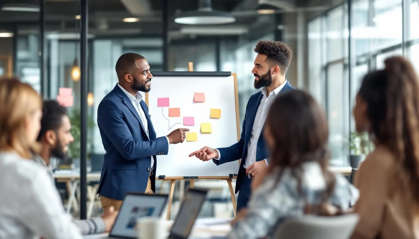 The image depicts a diverse group of leaders engaged in a dynamic coaching conversation, emphasizing the importance of leadership coaching in fostering a supportive environment. They are actively listening and sharing insights, showcasing key coaching skills that encourage team members to reach their full potential and enhance performance.