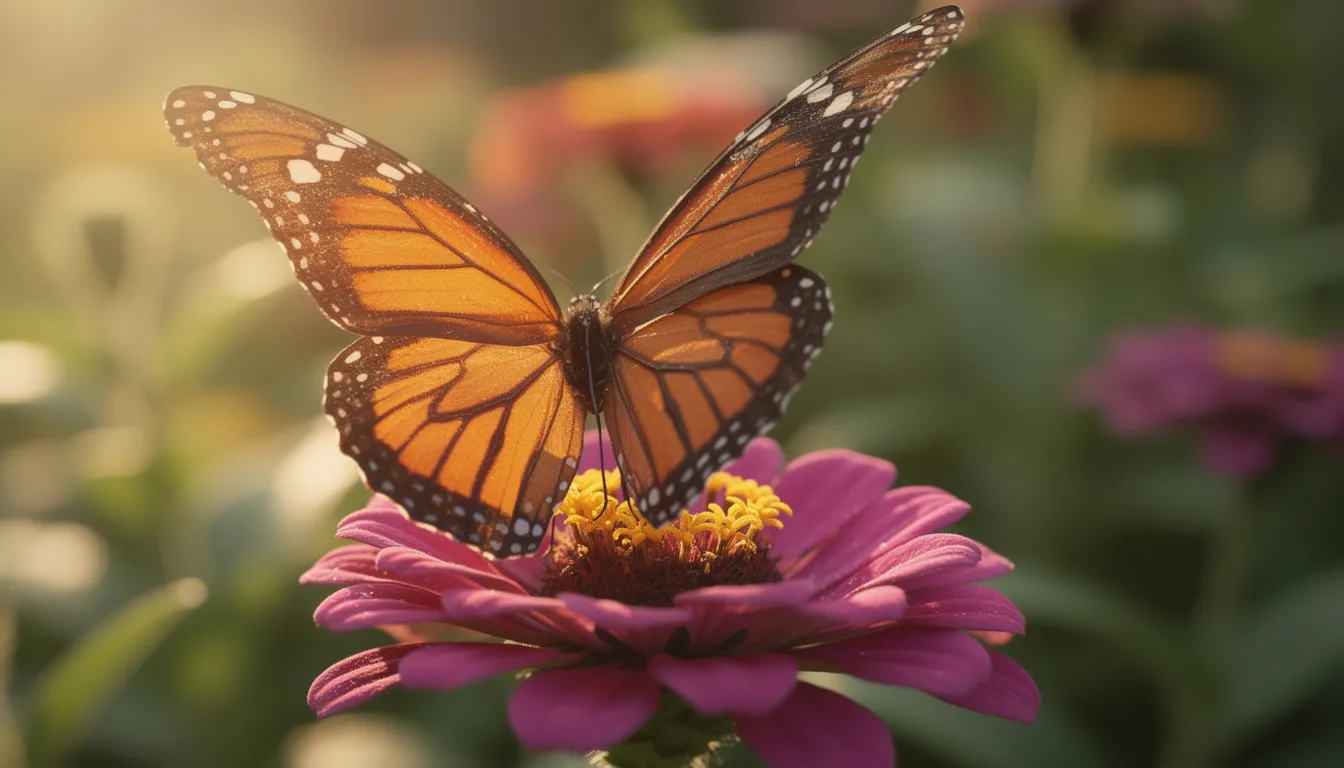 A vibrant monarch butterfly with striking orange and black wings is perched delicately on a purple flower in a lush garden. This scene showcases the incredible diversity of insect populations, highlighting the beauty of invertebrate species within the animal kingdom.