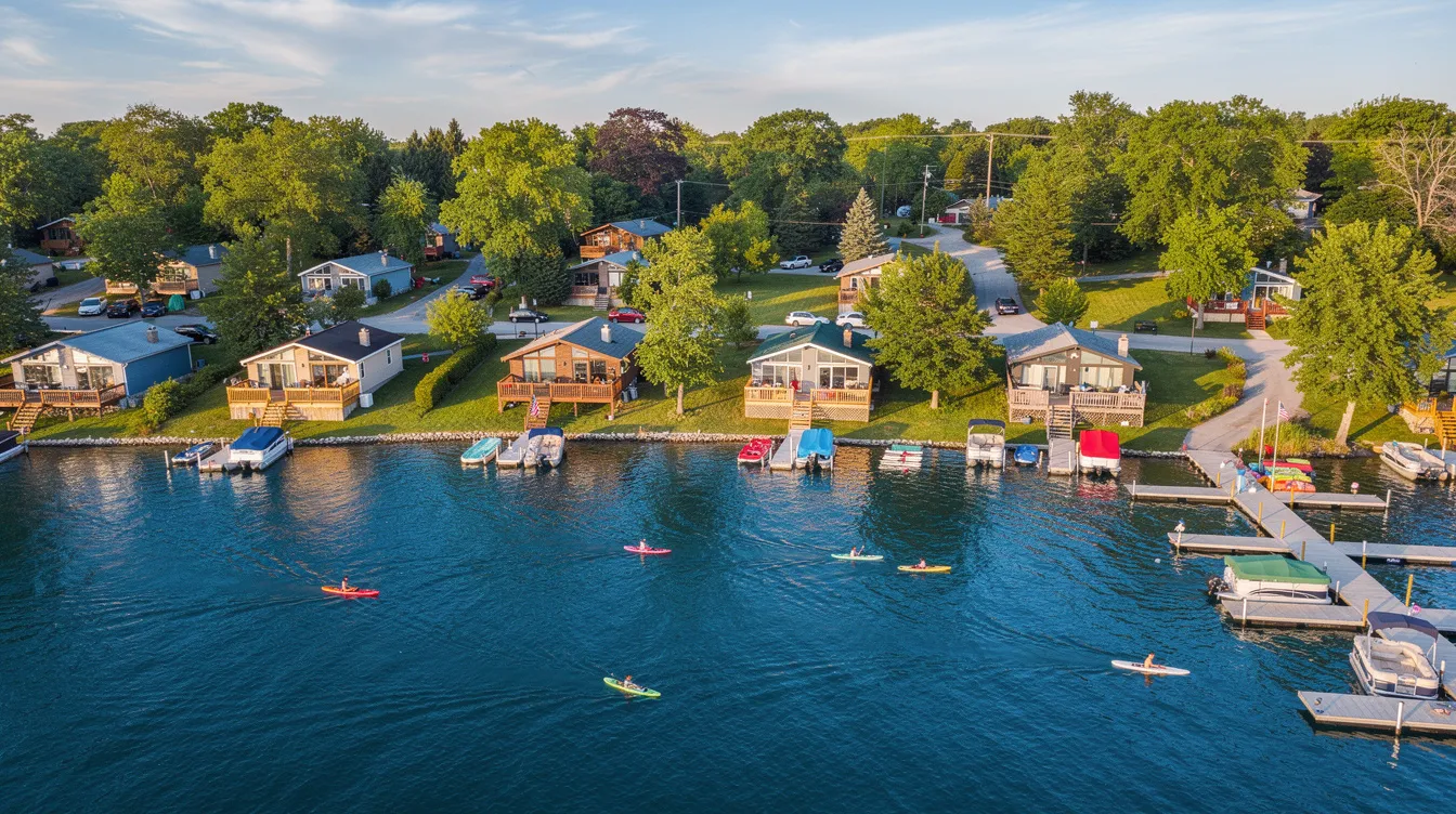 An aerial view showcases a picturesque lakefront town, dotted with charming vacation rental cottages and boats gently bobbing on the water. This vibrant scene highlights the strong rental demand in the area, making it an attractive location for real estate investors seeking investment properties to generate rental income.
