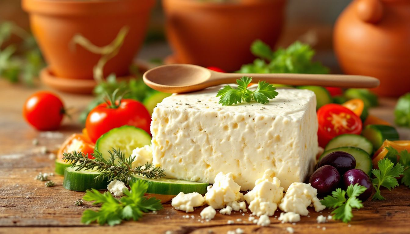 Essential ingredients for a traditional Greek salad including fresh vegetables and feta cheese.