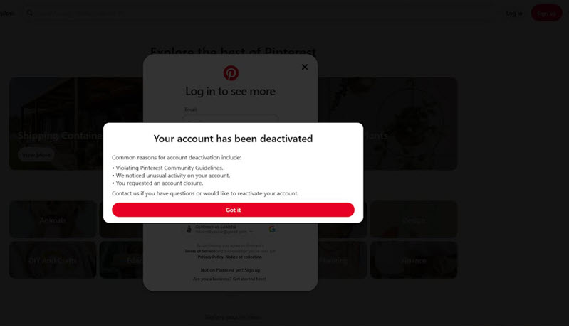 A Pinterest Image That Shows Your Account Has Been Deactivated