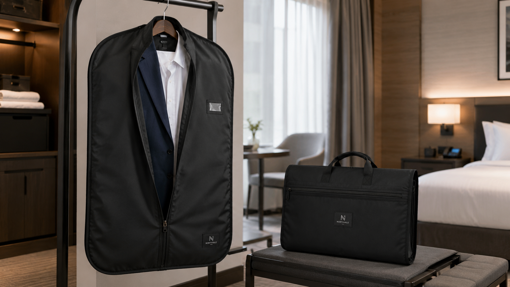 Custom garment bag for suits, uniforms, hotel programs, business travel, and apparel protection