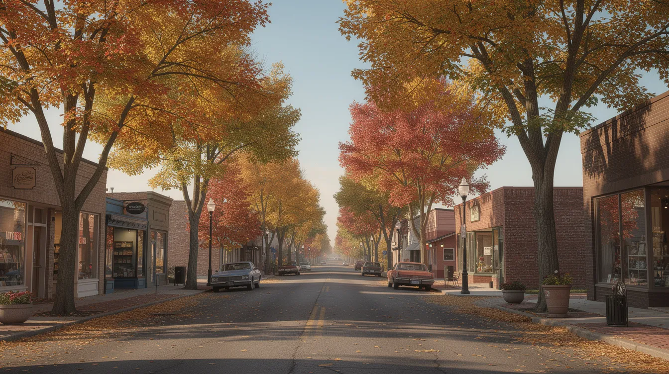 The image depicts a serene tree-lined street in a small Midwestern town during autumn, featuring charming brick storefronts adorned with colorful fall foliage. This peaceful scene invites viewers to imagine the community's vibrant culture and the importance of financial planning for local businesses and families as they pursue their financial goals.