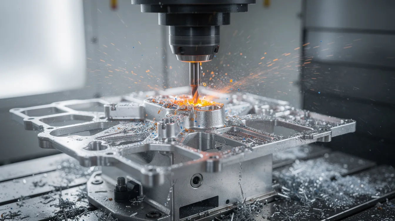 The image shows a close-up view of a 5-axis CNC machining center actively cutting an aluminum aerospace bracket, showcasing the advanced CNC machines used in precision machining. The intricate details highlight the capabilities of CNC machining services in producing high-precision components for aerospace applications.