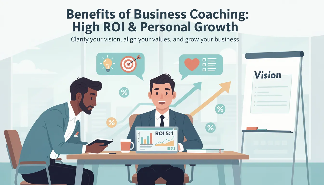 The image illustrates the concept of business coaching, highlighting the various benefits for business owners, including improved leadership skills and personal growth. It emphasizes how experienced business coaches provide a supportive environment for leaders to clarify their company vision and align their business goals, ultimately driving business success and achieving a high return on investment.