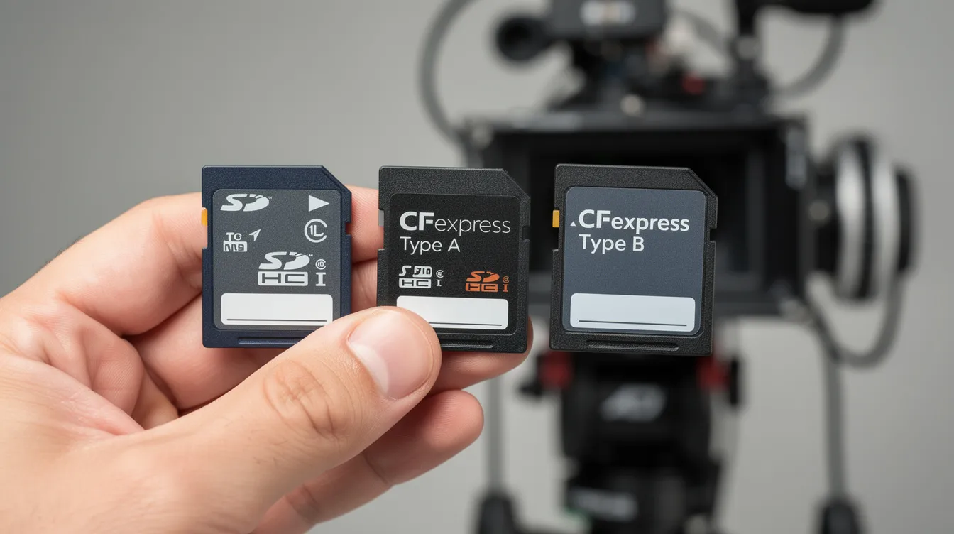 Drei verschiedene Speicherkarten, darunter eine SD-Karte, eine CFexpress Typ A und eine CFexpress Typ B Karte, liegen in der Hand eines Kameramanns, während im unscharfen Hintergrund eine Filmkamera zu sehen ist. Diese Anordnung zeigt die Vielfalt der Speicherkapazitäten und Formate, die Fotografen für ihre digitalen Aufnahmen nutzen.