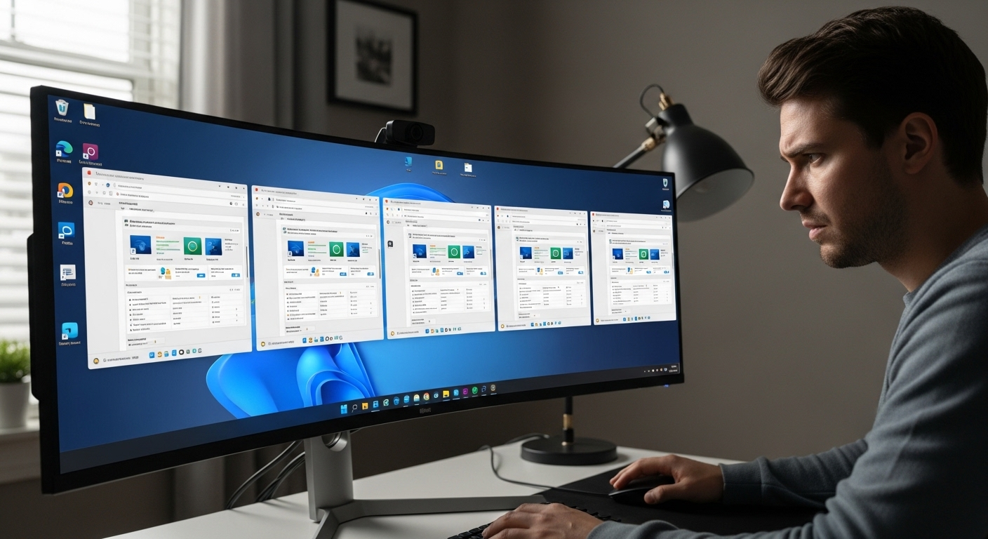 User looking slightly confused while switching between multiple virtual desktops with similar layouts on Windows 11.