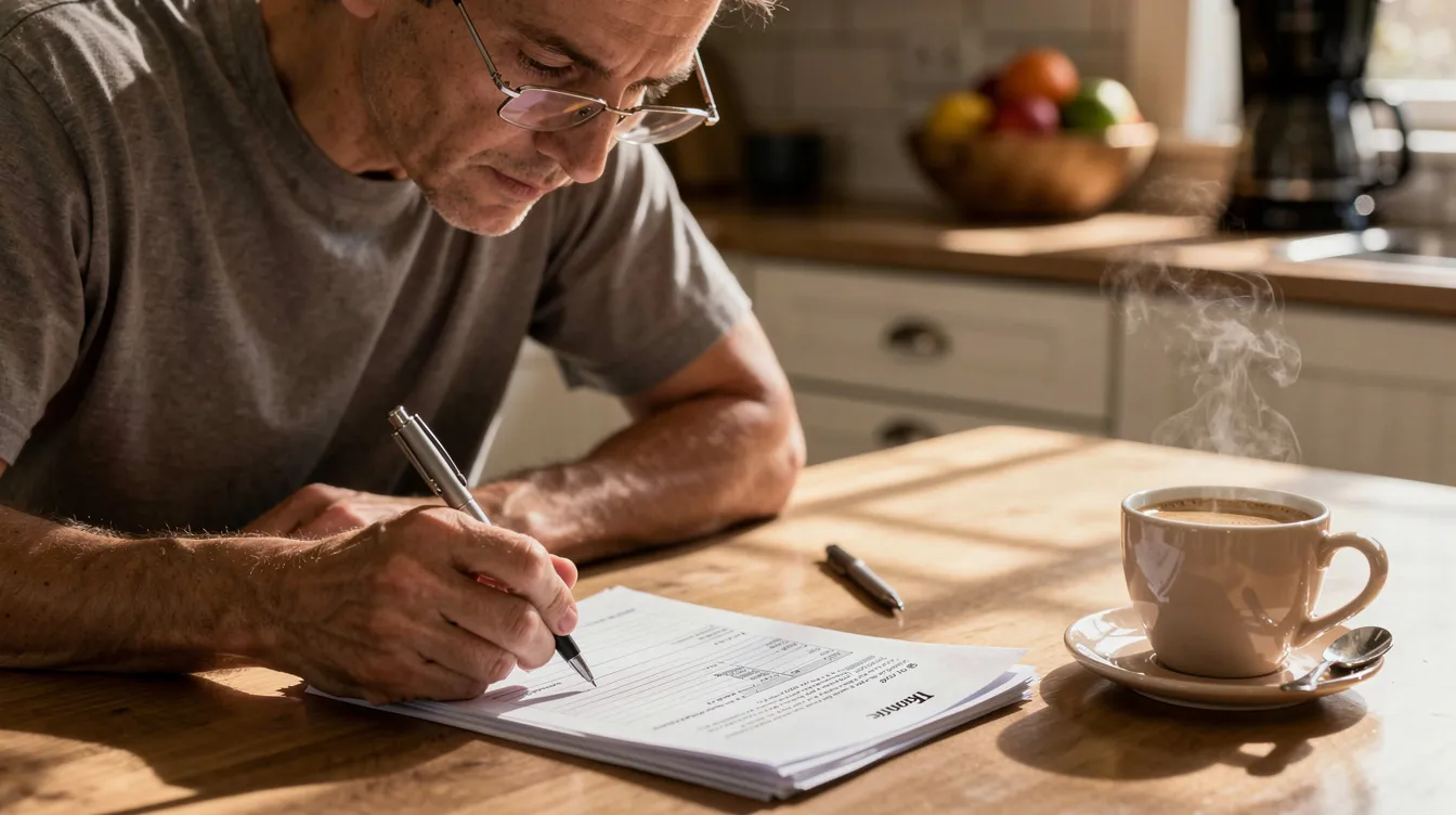 A person sits at a kitchen table, wearing reading glasses, reviewing paperwork related to their medical history and disability claim, with a cup of coffee nearby. This scene reflects the challenges faced by individuals dealing with chronic obstructive pulmonary disease and the process of gathering medical evidence for social security disability benefits.