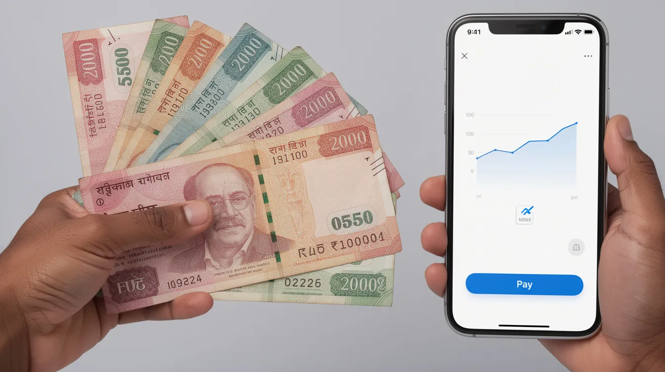 A hand is holding Indian rupee notes beside a smartphone displaying a sports betting app, suggesting the connection between currency and online sports betting activities, particularly in markets like the UEFA Champions League and the English Premier League. The scene highlights the growing trend of mobile betting among Indian users.