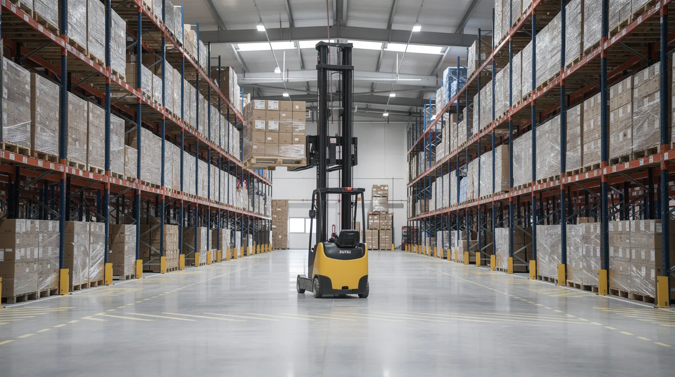 Modern warehouse interior featuring high racking systems and a forklift, emphasizing a spacious and organized environment ideal for logistics and light manufacturing. This strategic location in Kempton Park offers quick and easy access to surrounding suburbs and Tambo International Airport, making it a prime space for businesses and industries.