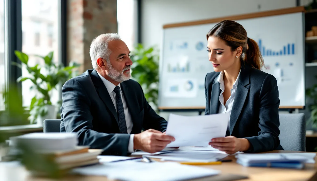 A certified business appraiser is engaged in a detailed discussion with a business owner while reviewing financial documents, focusing on the valuation process to assess the company's market value and future cash flows. This interaction is crucial for determining the business's current worth and planning for retirement savings and investment strategies.