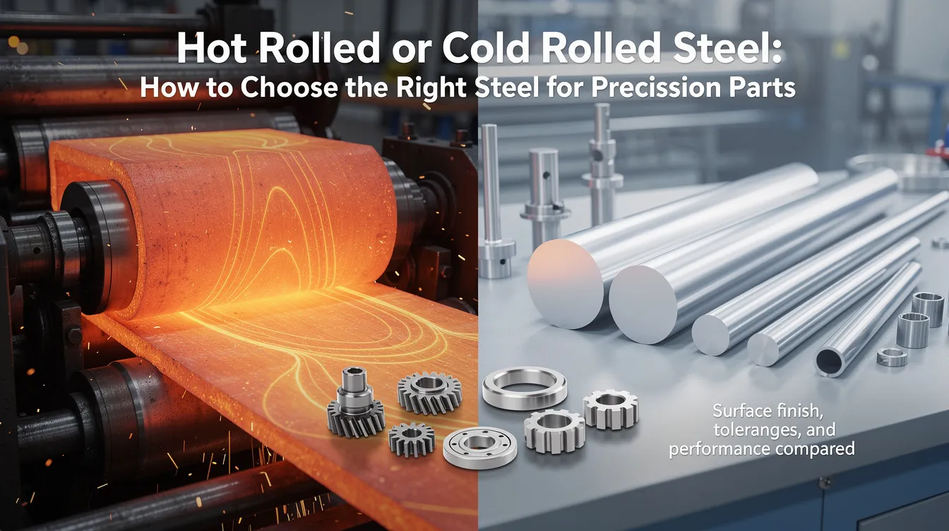 The image illustrates the comparison between hot rolled and cold rolled steel, showcasing their distinct surface finishes and dimensional accuracy. Hot rolled steel features a rougher surface and is processed at high temperatures, while cold rolled steel offers a smooth surface and tighter tolerances, making it suitable for precision applications.
