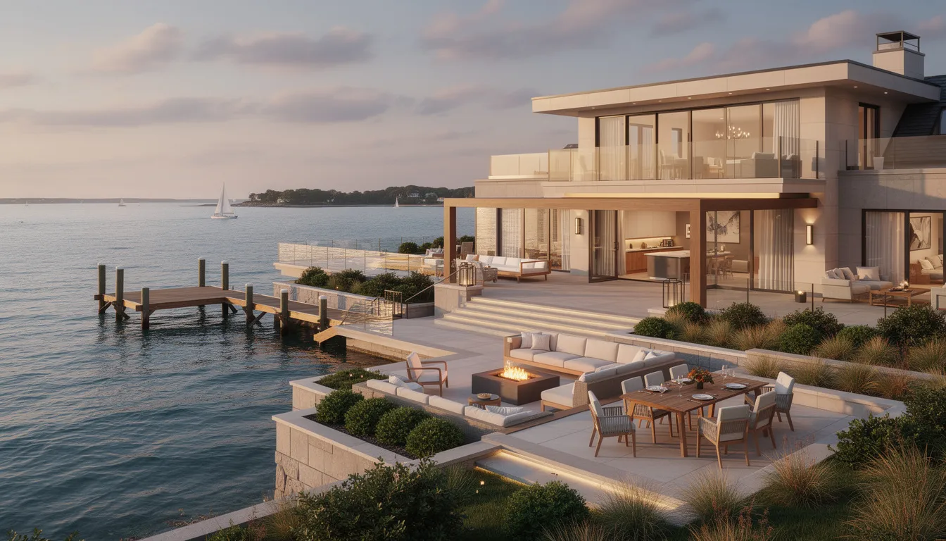 This image showcases a luxurious waterfront home with a private dock, expansive outdoor living space, and stunning views of Long Island Sound. The property embodies the charm of historic New England, offering a perfect blend of coastal living and luxury lifestyle.