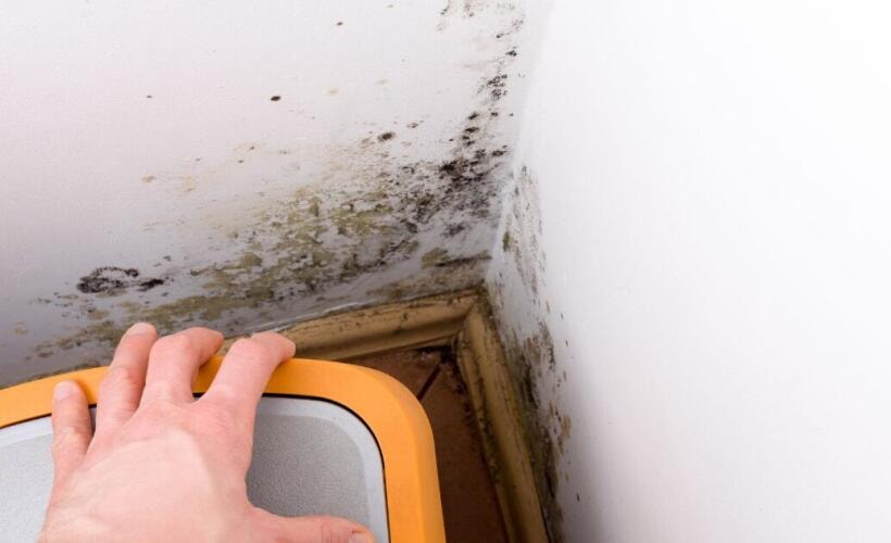 viewing black mould on the walls that are moist