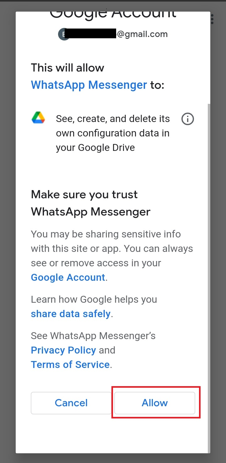 Allow Google drive to recover previous WhatsApp backup