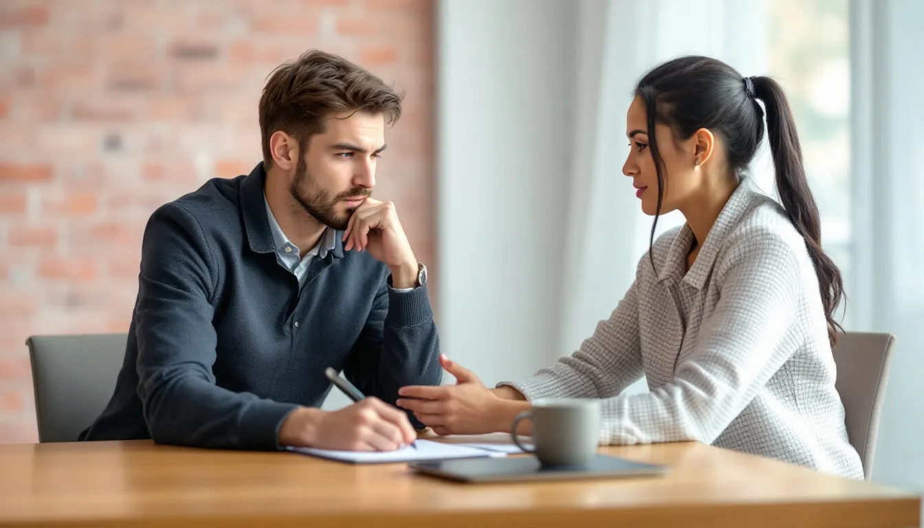 In einem Vorstellungsgespräch erklärt ein Mitarbeiter der Personalabteilung den Bewerbern die Berechnung des Monatslohns, einschließlich der Unterschiede zwischen Brutto- und Nettogehalt. Dabei werden wichtige Faktoren wie Steuerklasse, Abzüge und der Einfluss von Freibeträgen auf das Nettogehalt angesprochen.