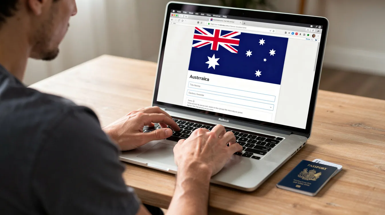 A person is seated at a desk, working on a laptop with a passport nearby, as they fill out an online form to open an Australian bank account, with the Australian flag displayed on the screen in the background. This scene highlights the process of applying for a bank account online, which is essential for managing finances, making international payments, and accessing various banking services in Australia.