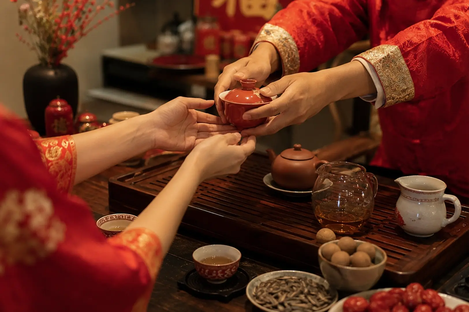 A close-up, warm-toned image captures a formal Chinese wedding tea ceremony, focusing on the hands of a couple dressed in traditional embroidered red silk garments. One person holds out a vibrant red lidded gaiwan tea bowl with both hands, reverently presenting it to the other person, who reaches out with open palms to accept it. The wooden tea table between them is intricately set with a clay teapot, a clear glass serving pitcher, a white ceramic pitcher, and small bowls filled with traditional snacks like melon seeds, dried red dates, and longan fruit.
