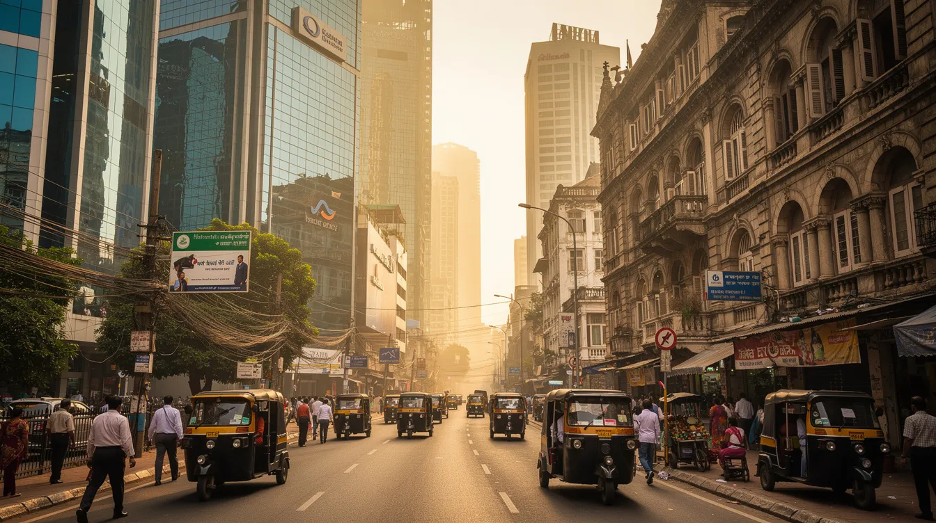 The image depicts a bustling financial district street in Mumbai, showcasing a blend of modern skyscrapers and heritage buildings, symbolizing the city's dynamic economic landscape. Prominently featured are various bank branches, including the Saraswat Cooperative Bank, reflecting the vibrant financial activities in this major hub of India.