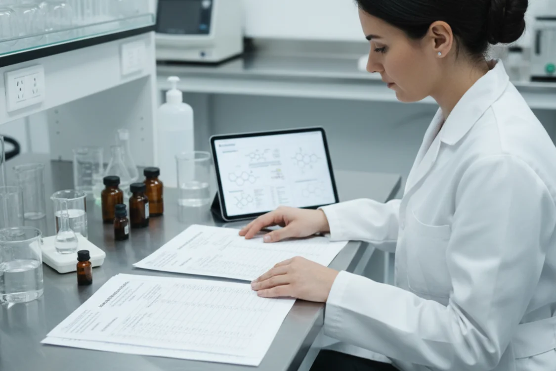 Scientist reviewing ingredient-compatibility sheets during the early stages of supplement formulation.